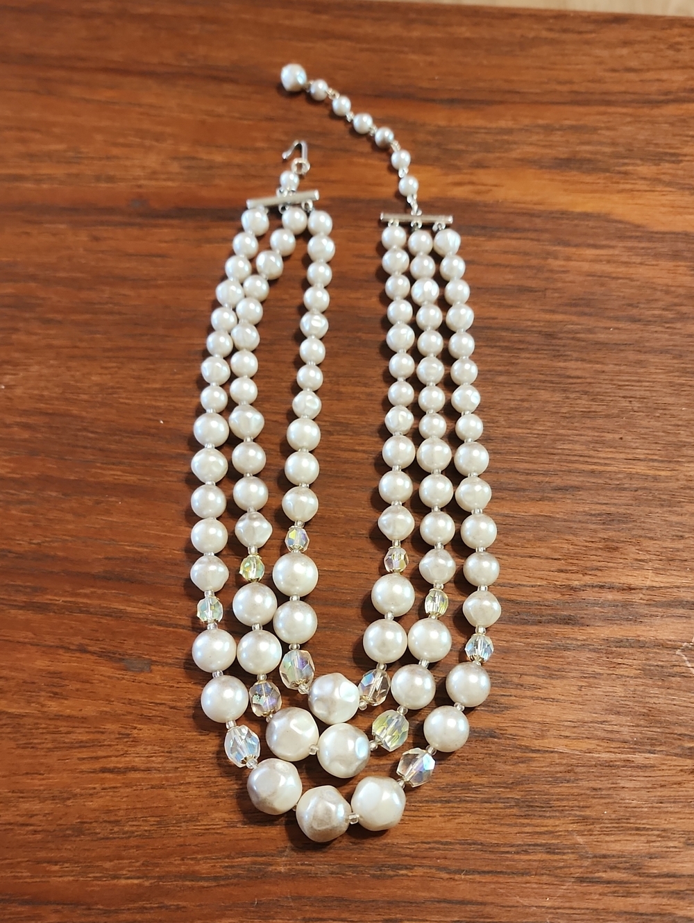 Vintage Sandor 3 Strand  Necklace with Crystal Accents - White